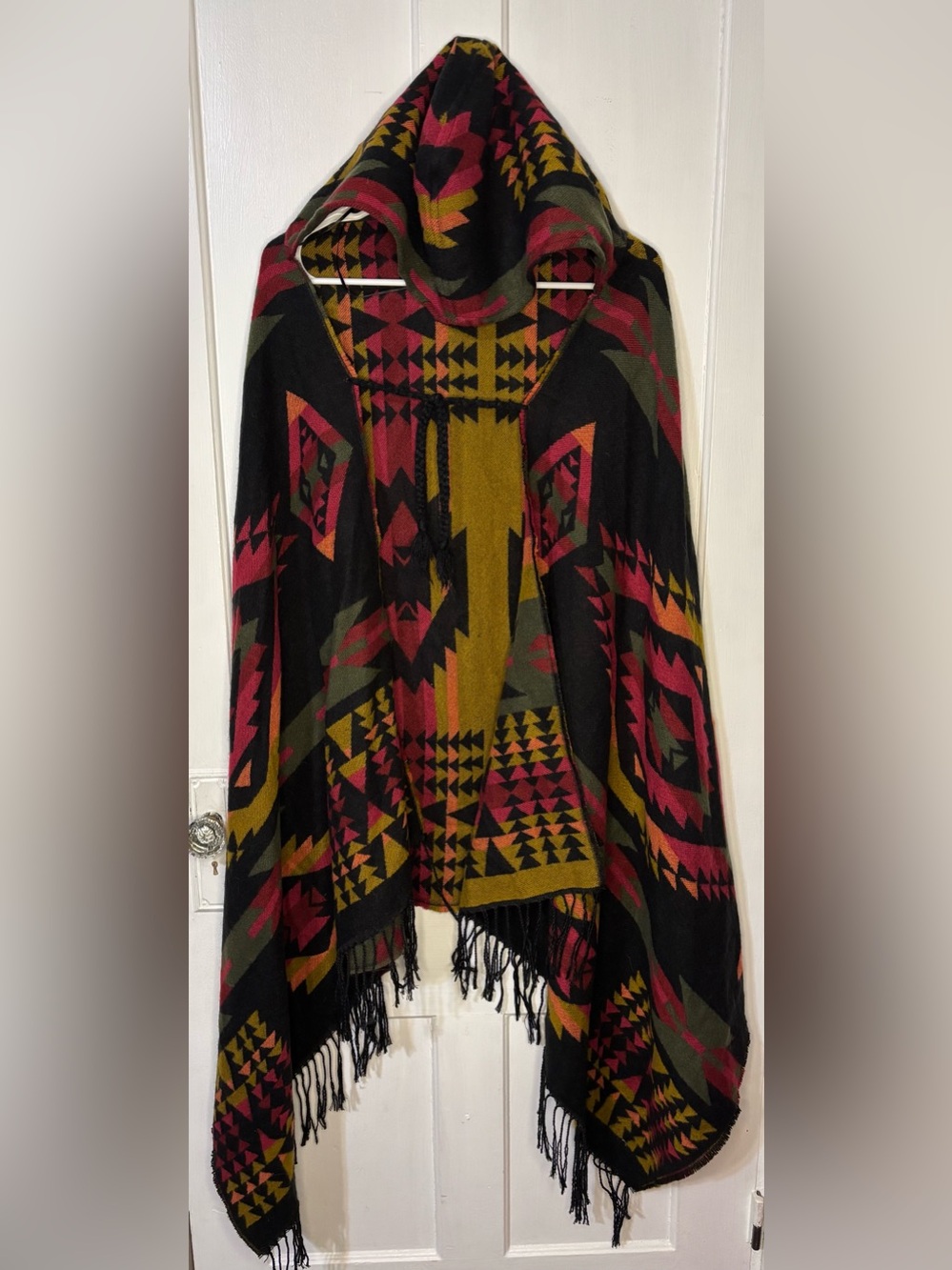 Idyllwind Hooded Aztec Poncho in Black with Red, Mustard & Olive Accents